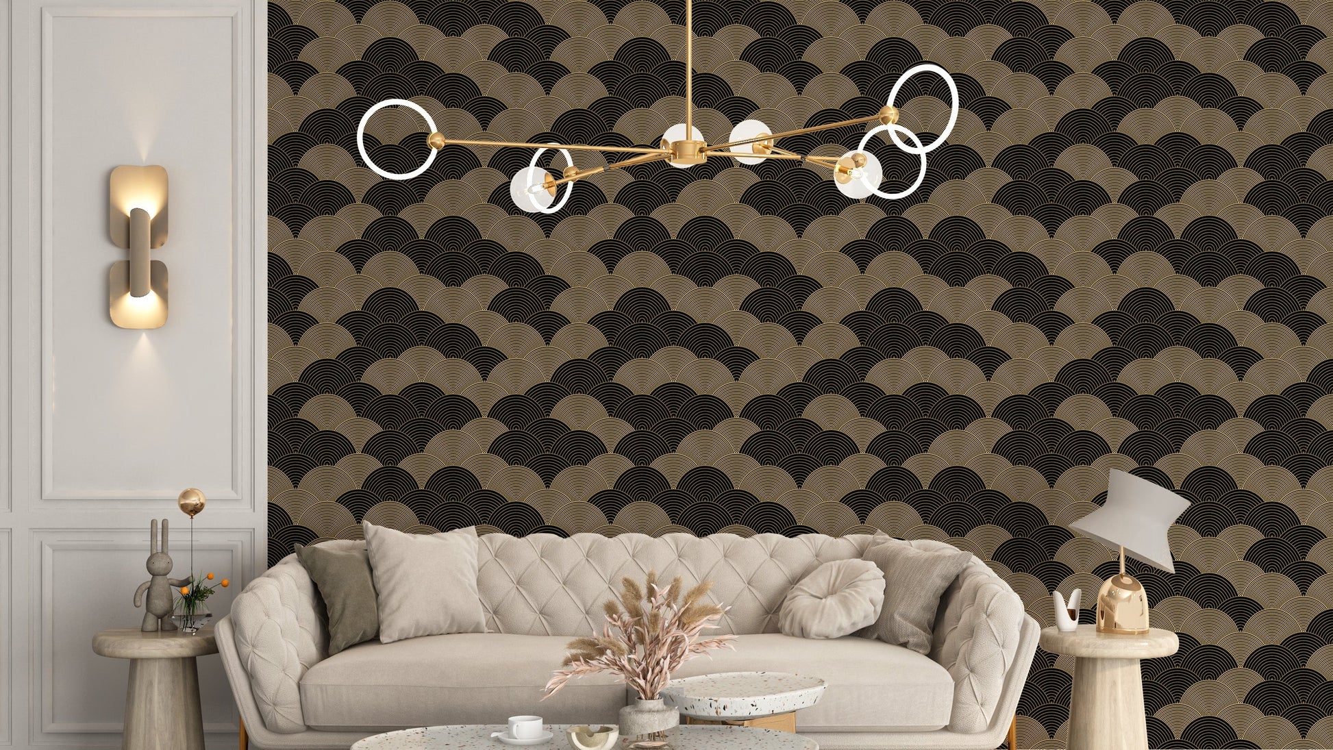 Luxurious ocean wave wallpaper in gold tones