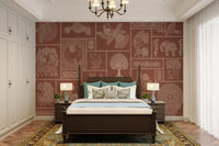 Intricate folk art on rust wallpaper

