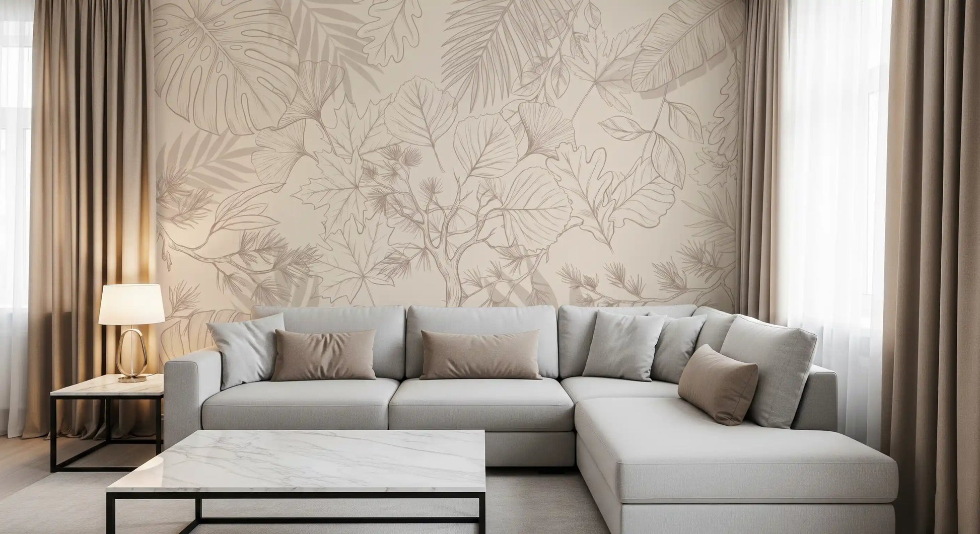 Cream Botanical Leaf Sketch Wall Mural