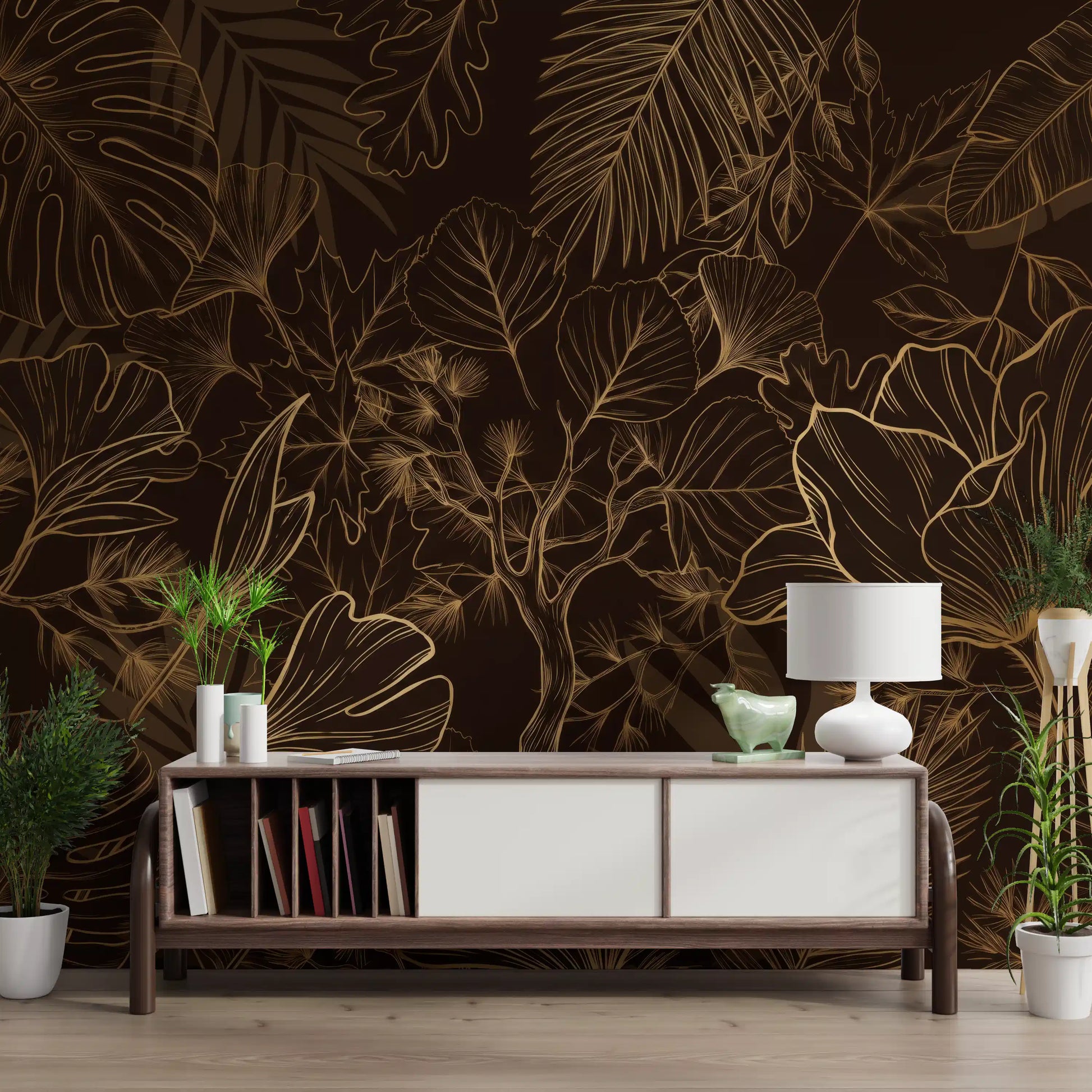 Golden Botanical Foliage Wall Mural