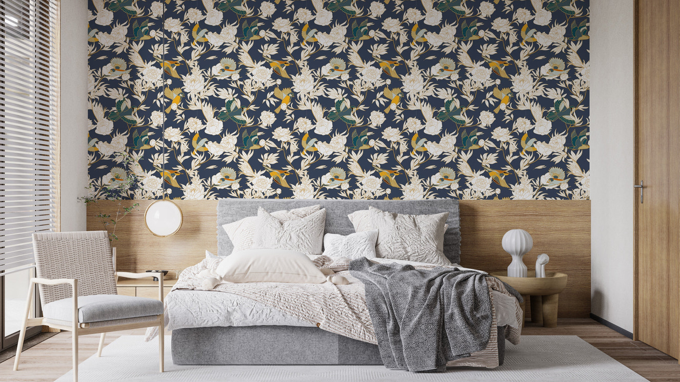 Refreshing birds and peonies wall design