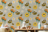 Vibrant mural with bees and sunshine accents
