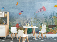 Ocean-inspired wall mural with sea creatures
