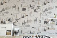 Cute woodland adventure wallpaper with animal patterns for kids.