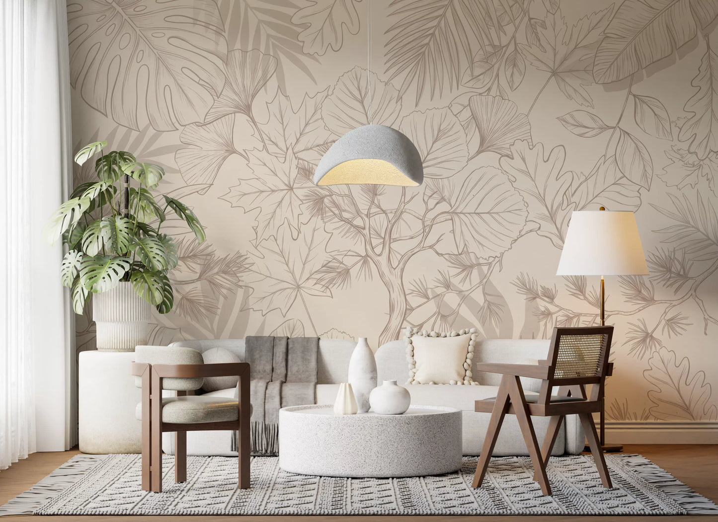 Cream Botanical Leaf Sketch Wall Mural