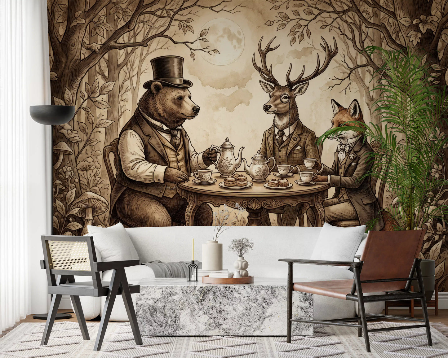Woodland Tea Party in Sepia Wall Mural