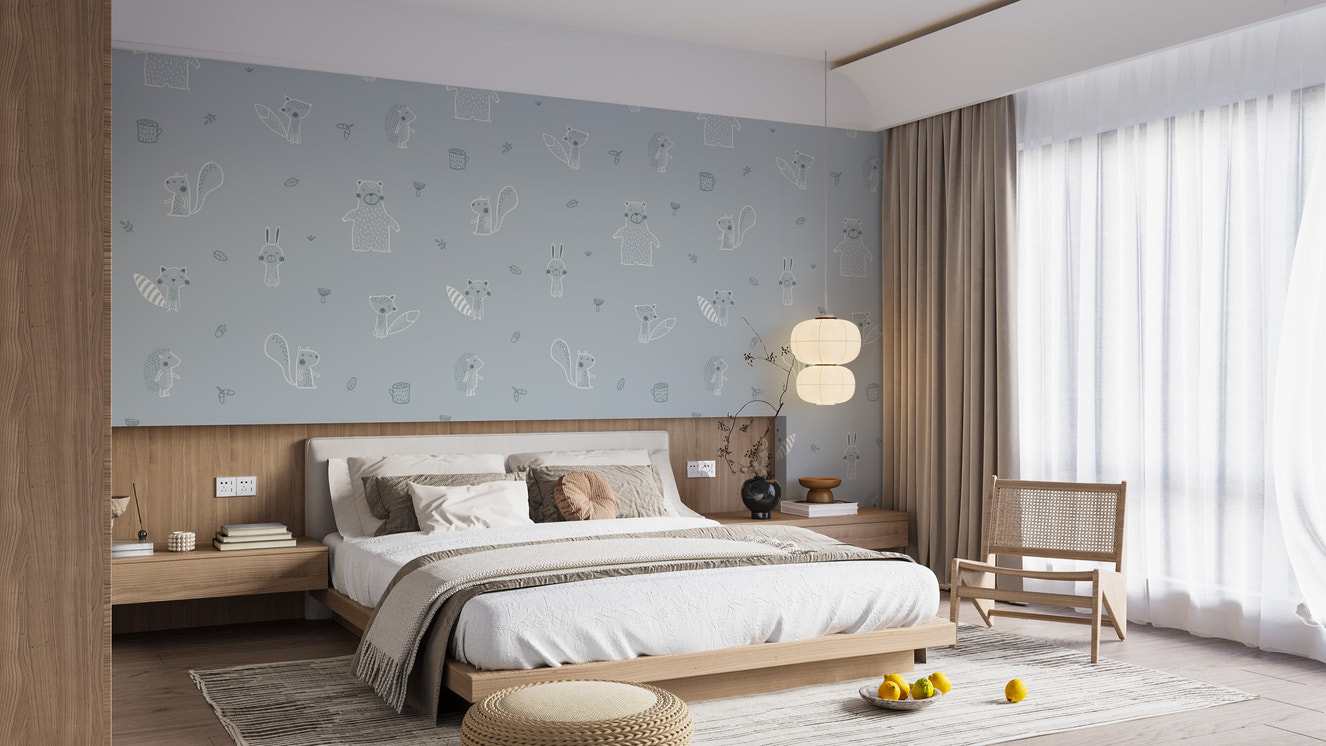 Whimsical baby forest mural in blue hues
