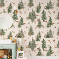 Watercolor deer and trees wallpaper print
