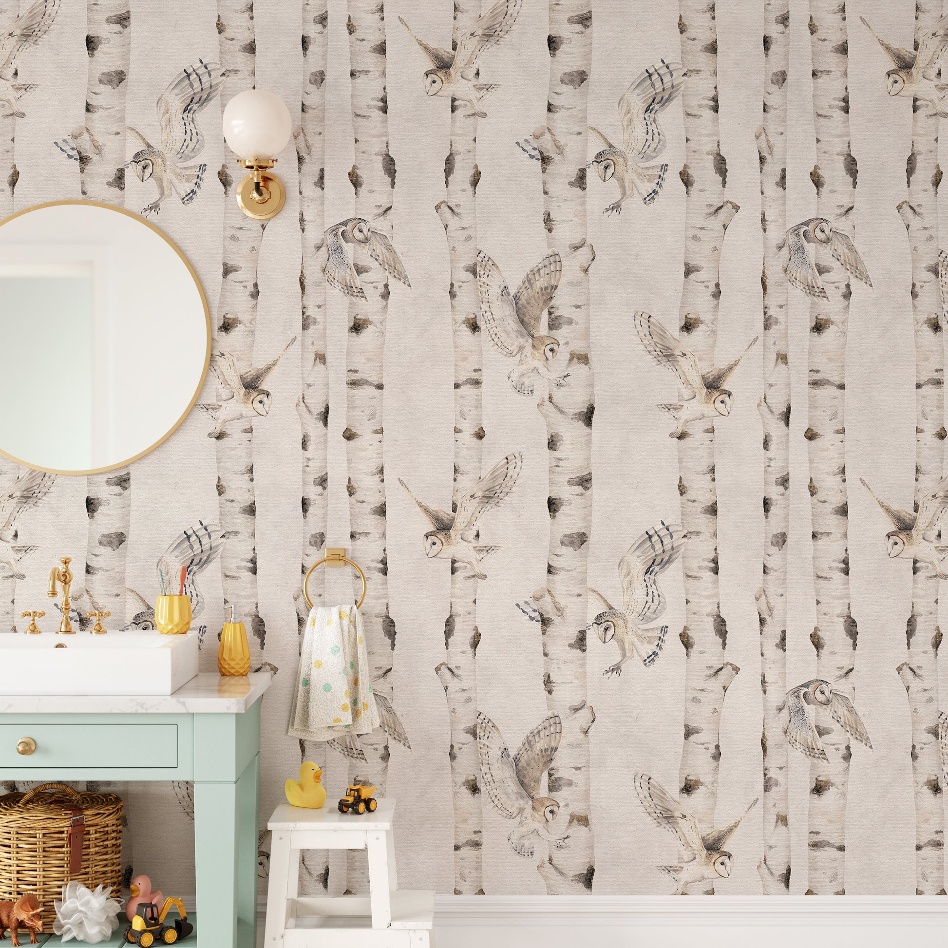 Neutral woodland owl wallpaper mural

