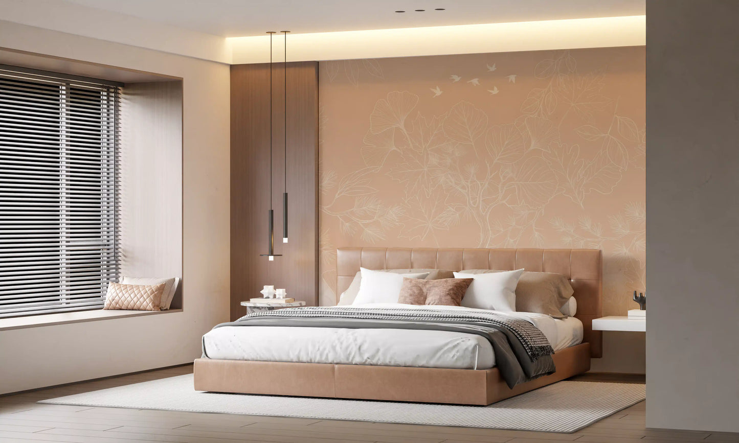 Serene Peach Botanical Line Art Wall Mural