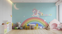 Starlit rainbow wallpaper featuring a majestic unicorn mural.
