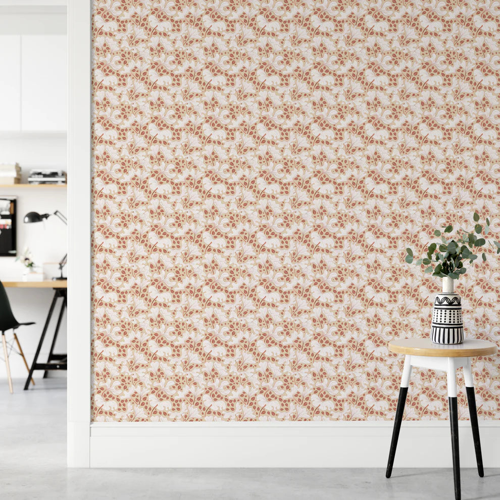 Soft cream foliage wall mural for interiors

