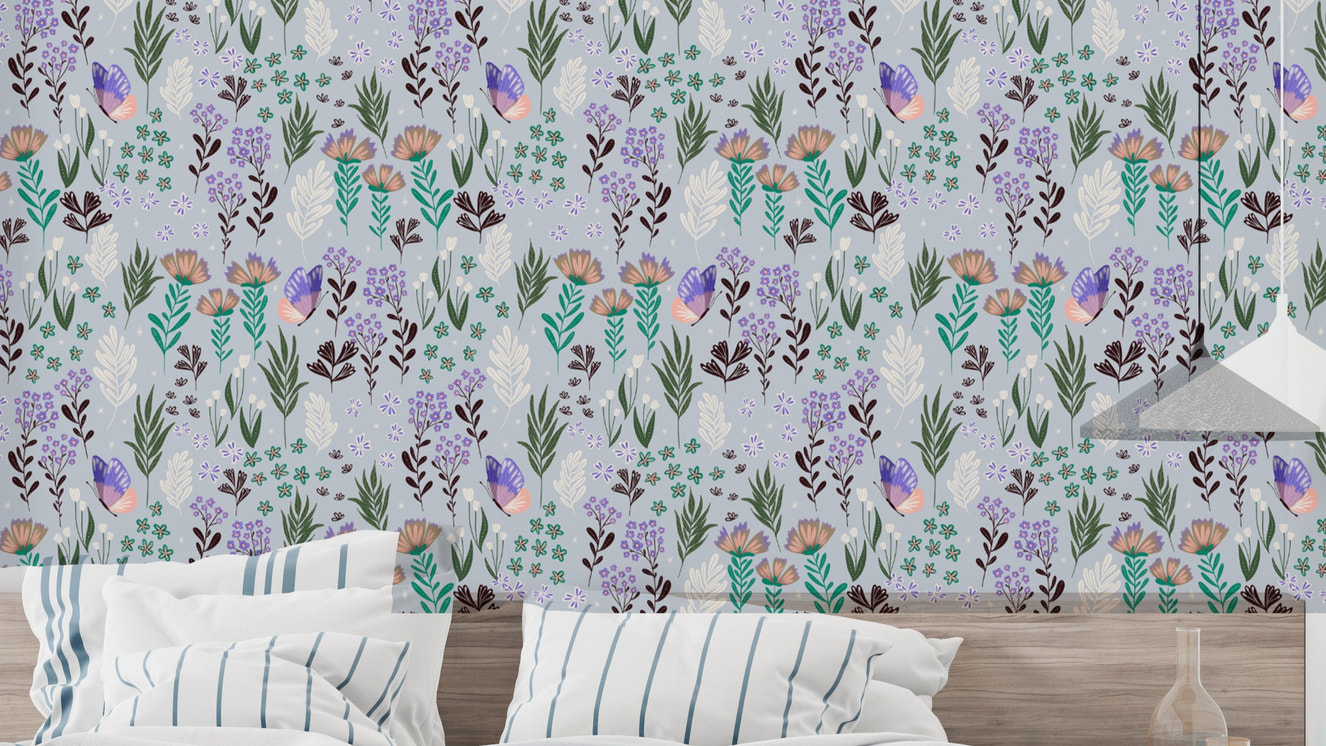 Lush butterfly meadow wallpaper with a dreamy purple backdrop.