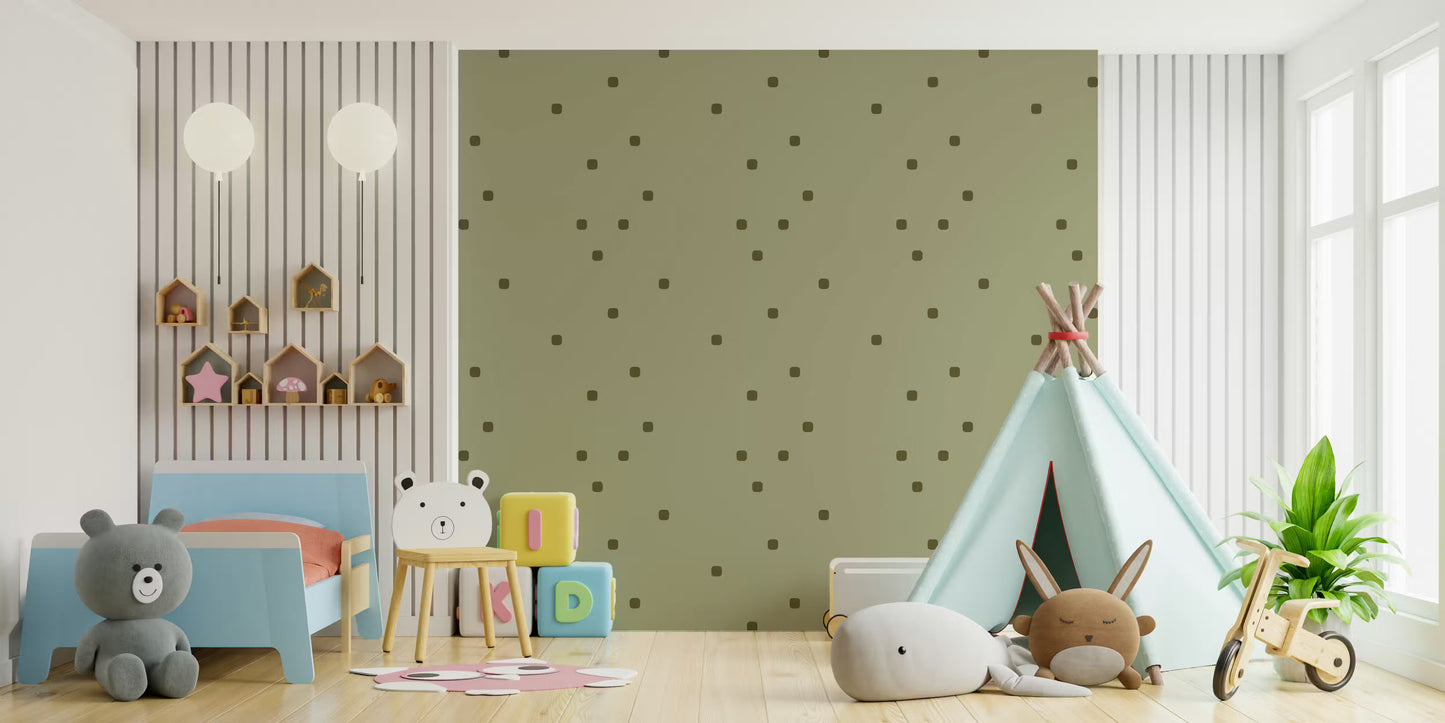 Kids bedroom wallpaper showing earthy sage green with sparse olive dot. accents