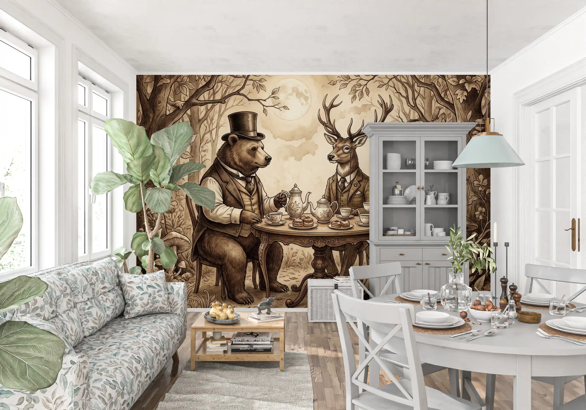 Woodland Tea Party in Sepia Wall Mural