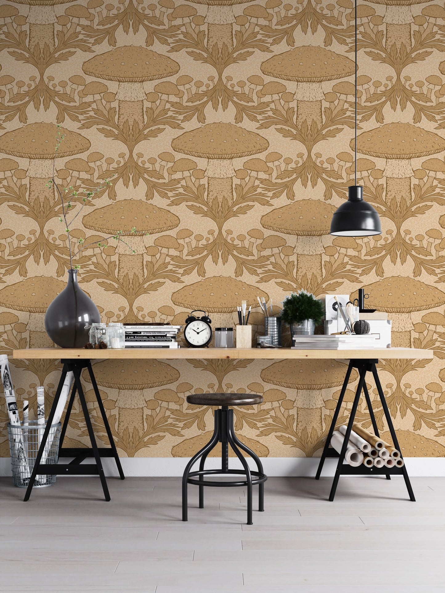 Charming heritage mushroom wallpaper in beige for cozy spaces.
