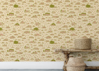 Pastoral landscape design wallpaper in soft tones.