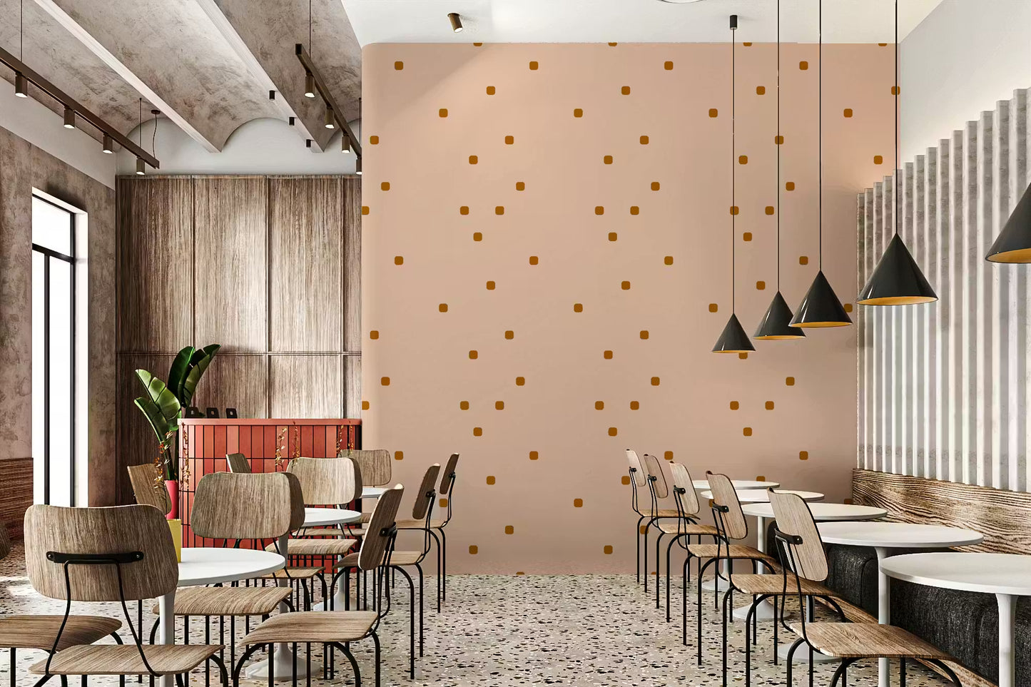 Retro minimal polka dot wallpaper in warm terracotta on creamy pink.