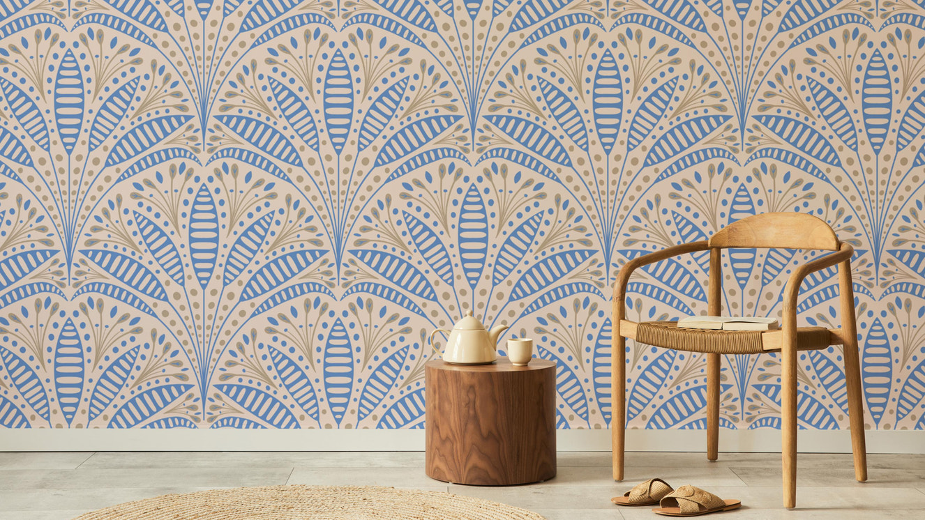 Stylish blue palm wallpaper for modern Art Deco-inspired decor.
