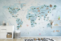 Kids world map wallpaper with animals in blue
