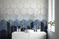 Geometric wallpaper mural with blue & gold hexagons
