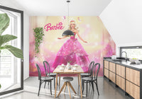 Elegant Barbie wallpaper mural with pink dress theme
