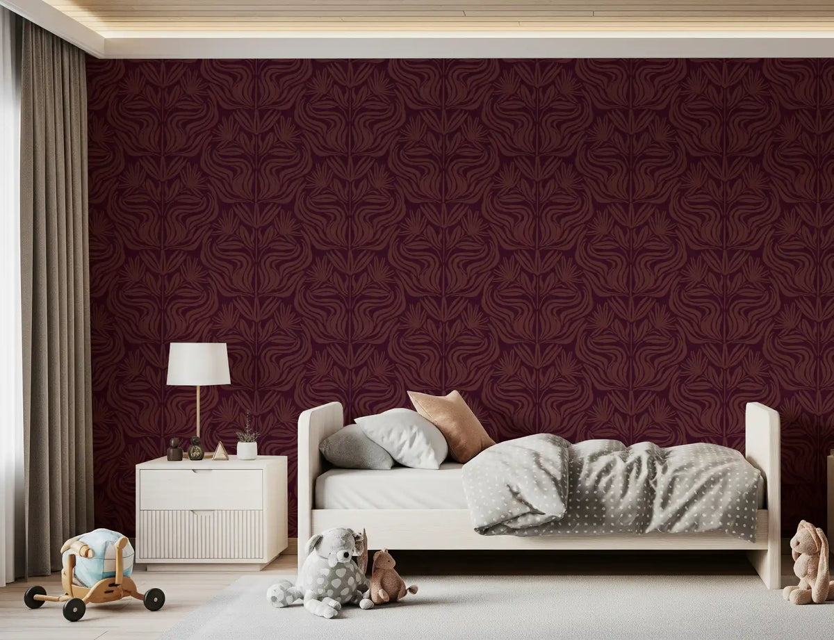 Deep Burgundy Damask Floral Pattern Wallpaper⁠