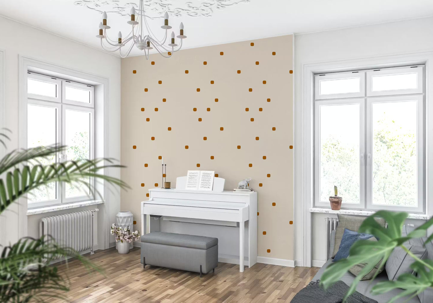 Minimal retro polka dot wallpaper with warm rust dots on cream blush base 