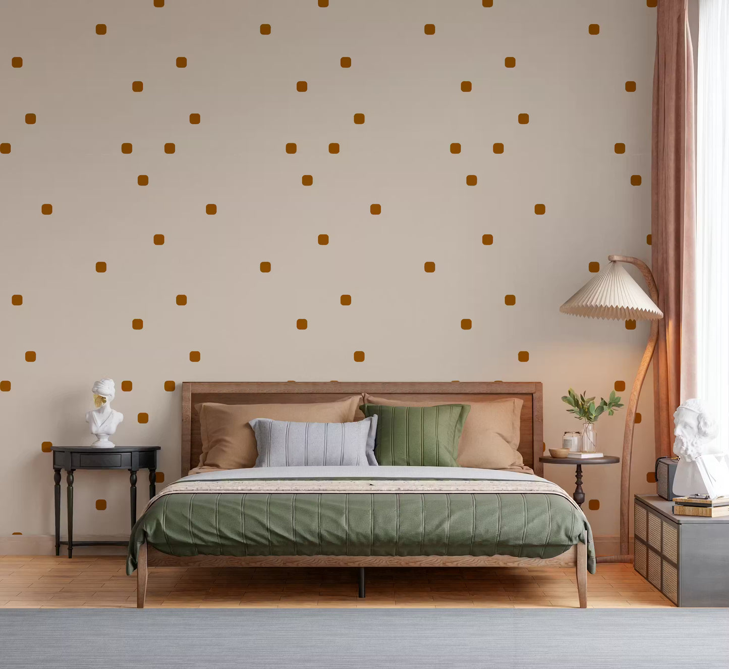 Bedroom accent wall showing scattered rust dots on a warm beige wallpaper.