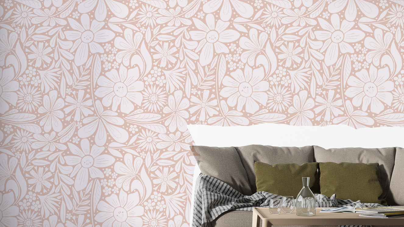 Artistic happy blooms wallpaper with subtle pastel pink tones.
