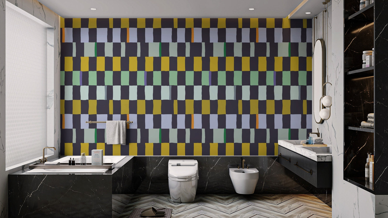 Artistic mosaic quilt wallpaper for stylish modern interiors.
