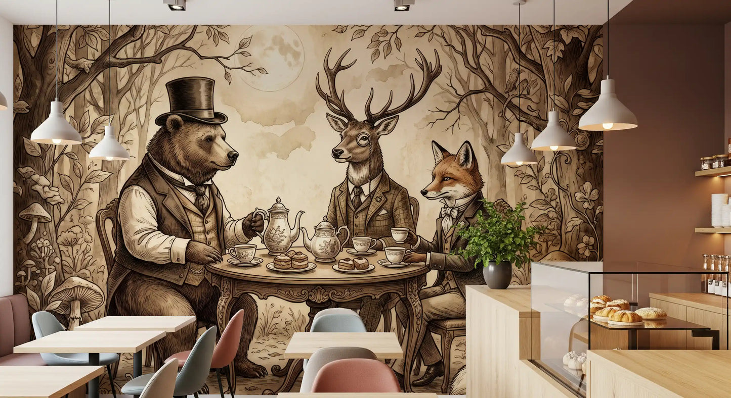 Woodland Tea Party in Sepia Wall Mural