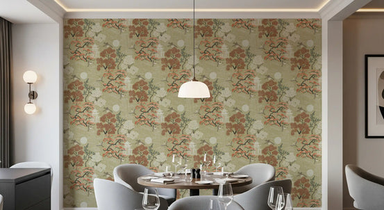 Chinoiserie garden wallpaper in a dining room with a round table and grey chairs GD12746
