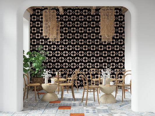 Retro 60s floral pattern in beige and black.