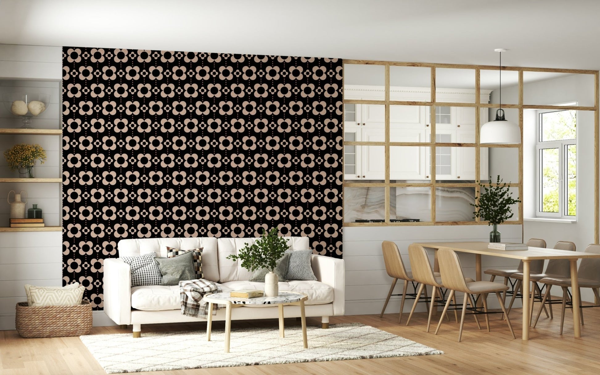 Designer interior featuring the bold 60s Charm Wallpaper design.