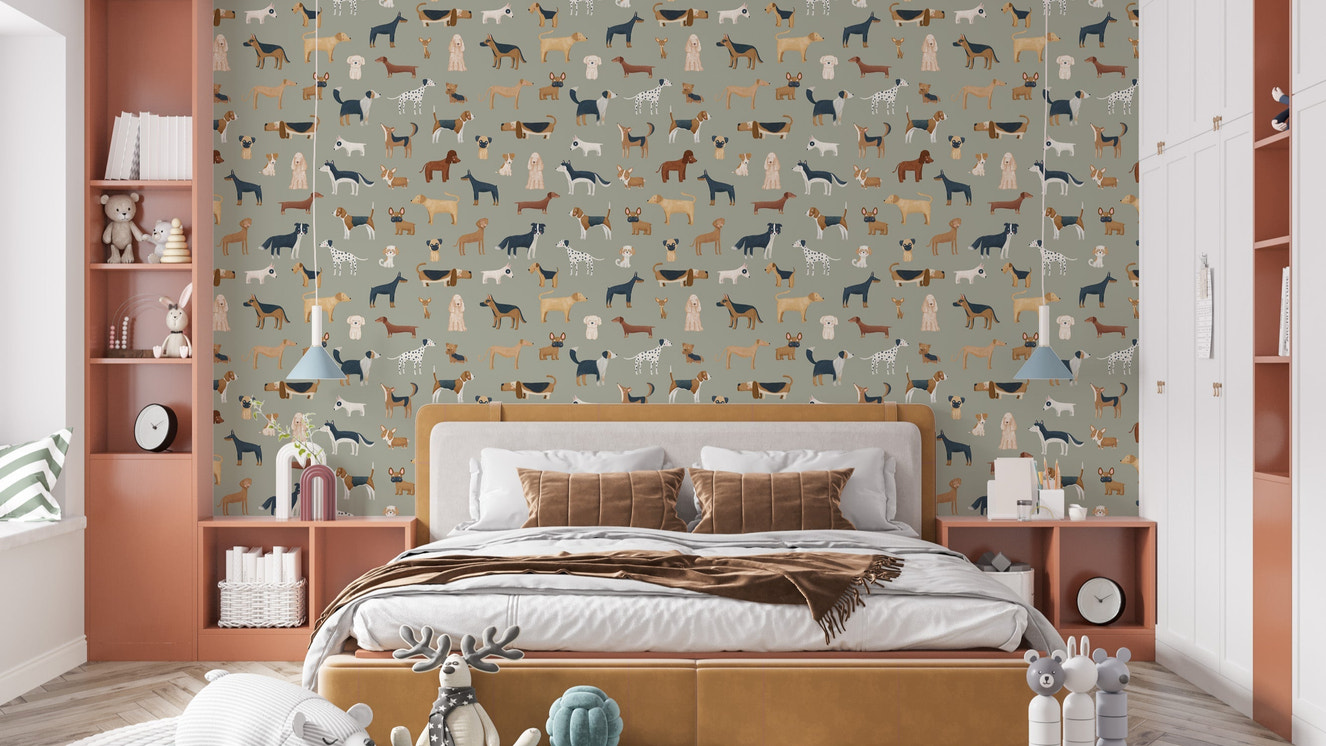 Playful dogs nursery room wallpaper design
