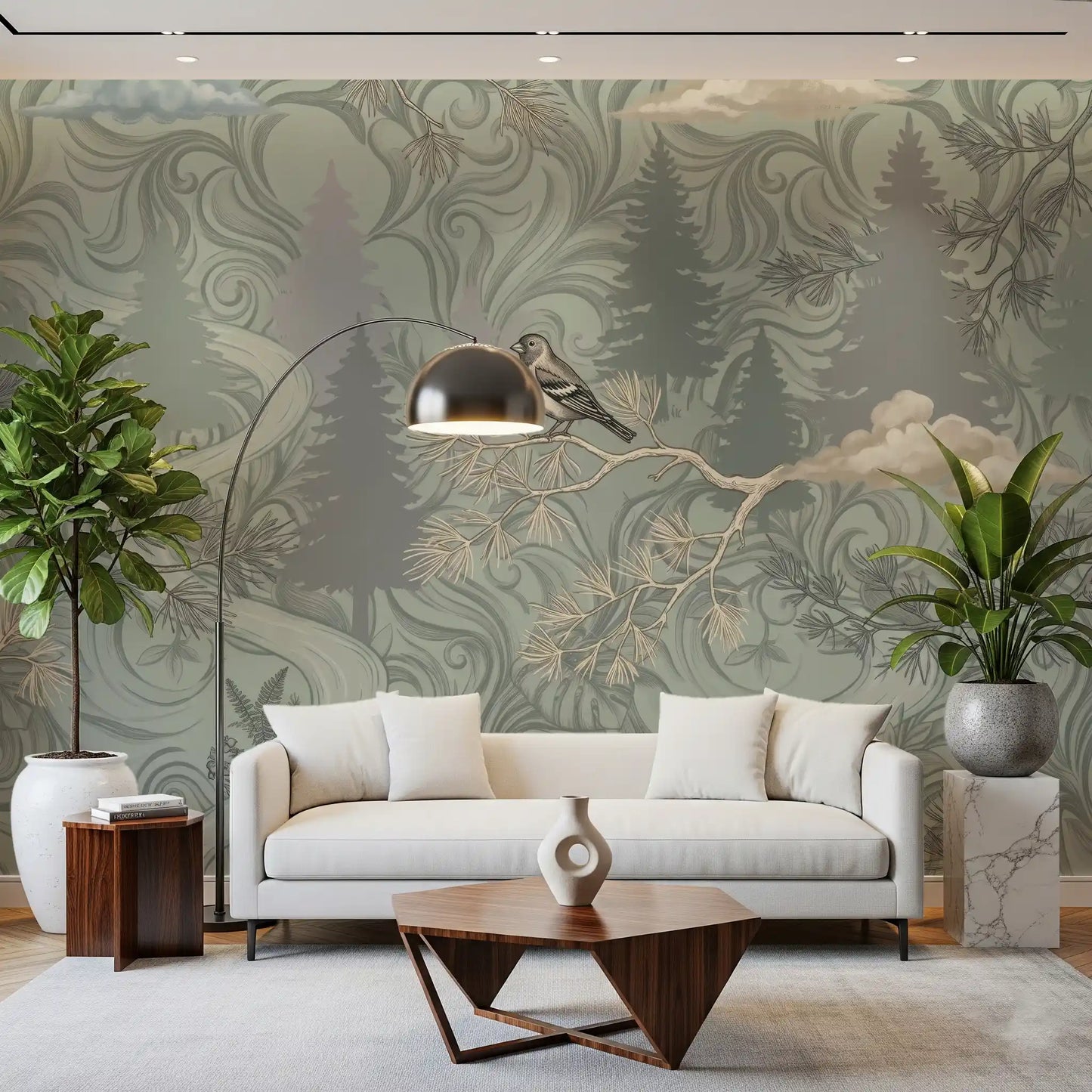 Misty Pine Forest Aviary Wall Mural
