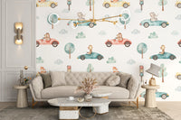 Kids' wallpaper featuring watercolor animal racers theme
