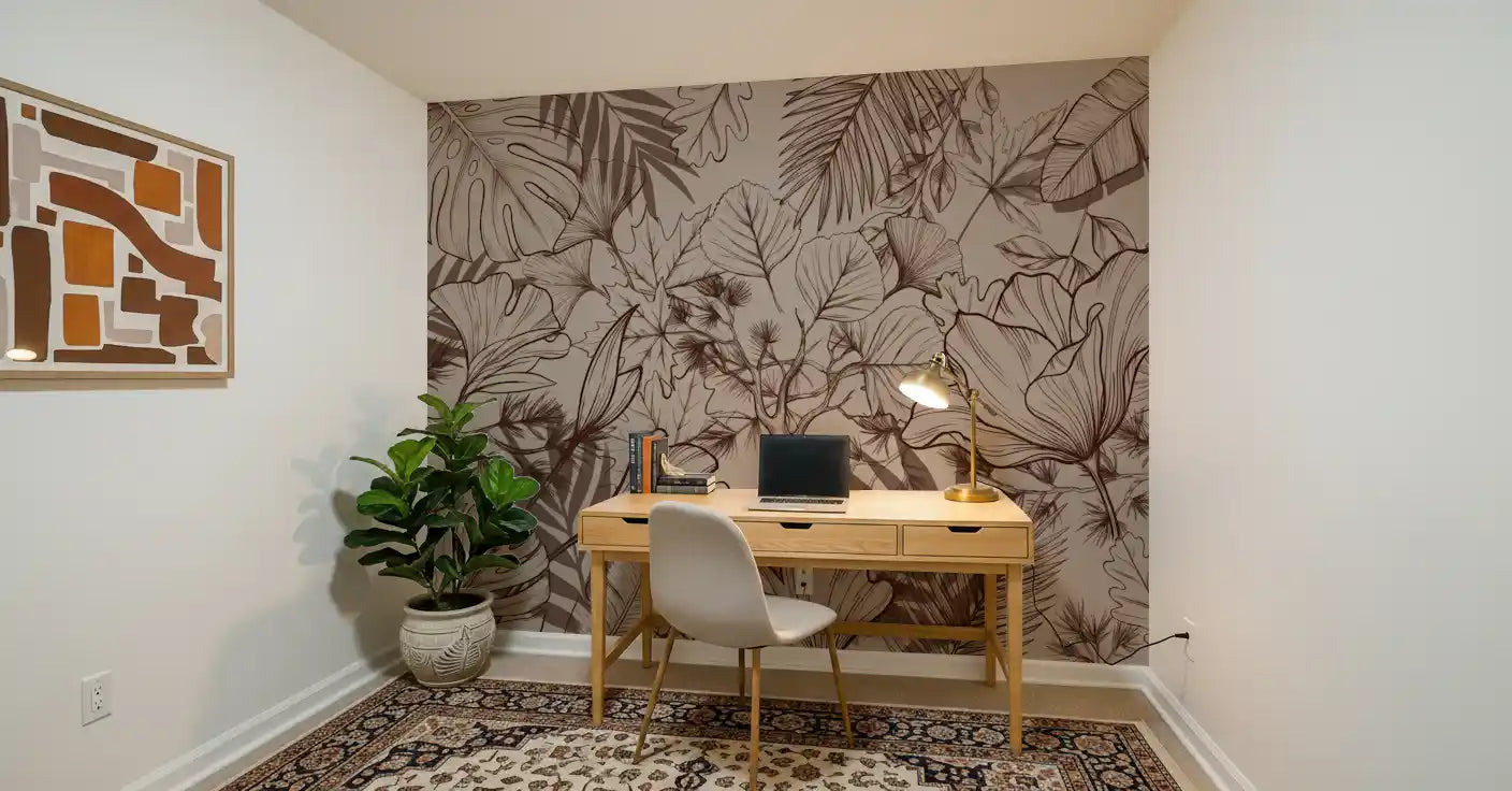 Monochromatic Botanical Line Art Wall Mural