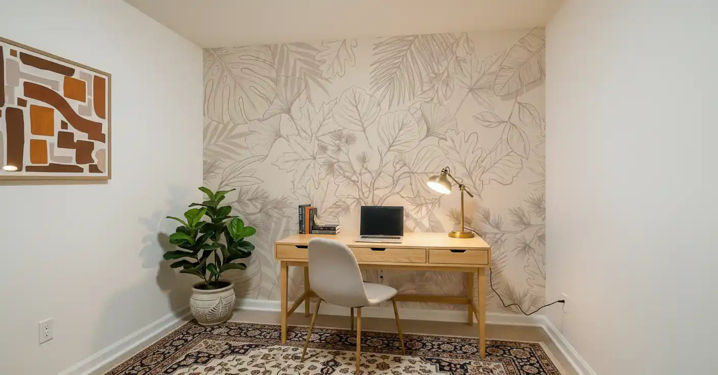 Cream Botanical Leaf Sketch Wall Mural