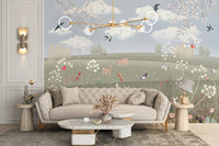 Countryside-inspired garden mural in soft watercolor tones
