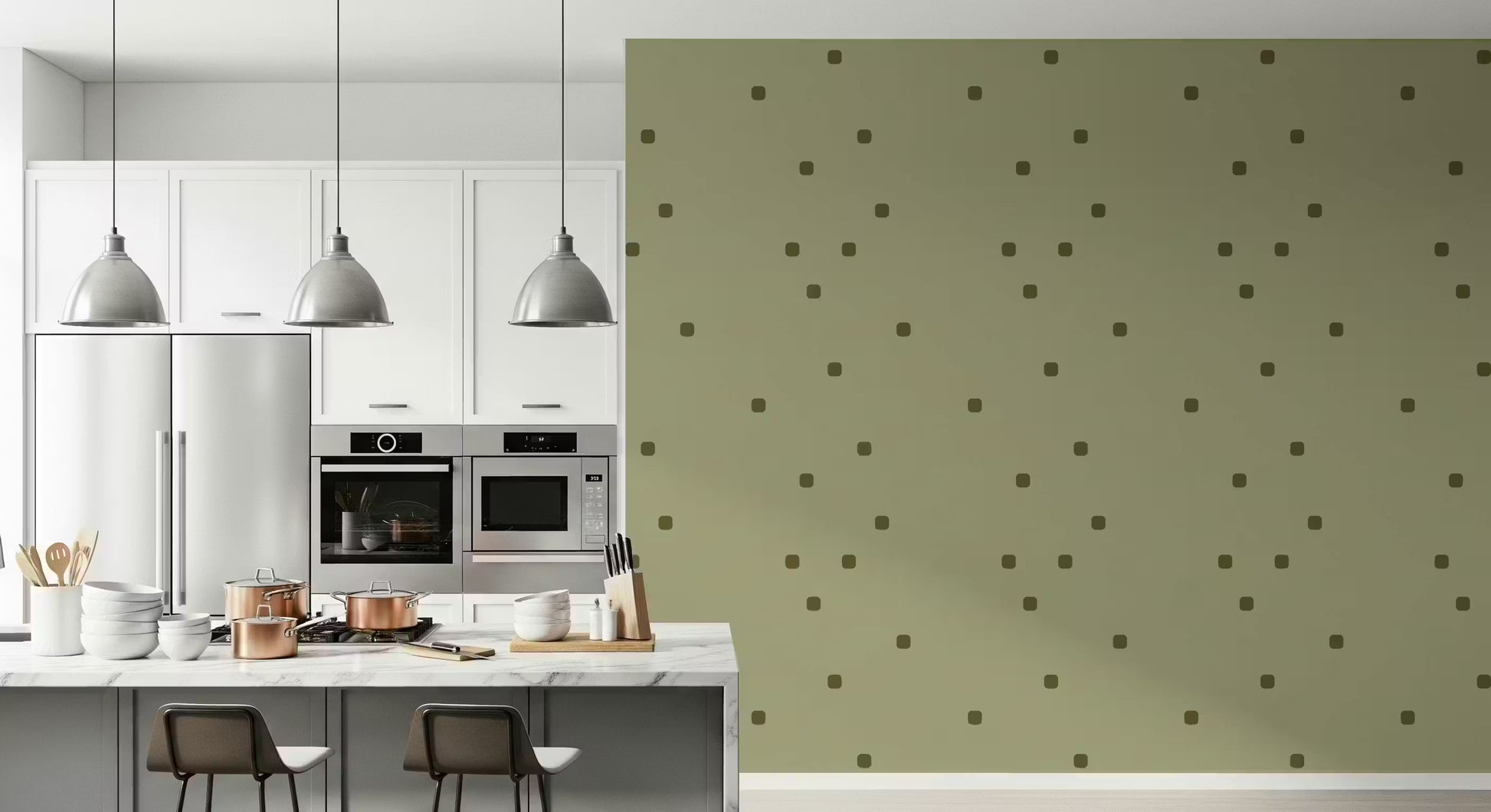 Kitchen nook wallpaper in sage green with mid-century inspired dot motif. 