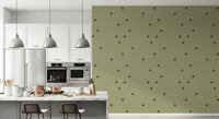 Kitchen nook wallpaper in sage green with mid-century inspired dot motif. 
