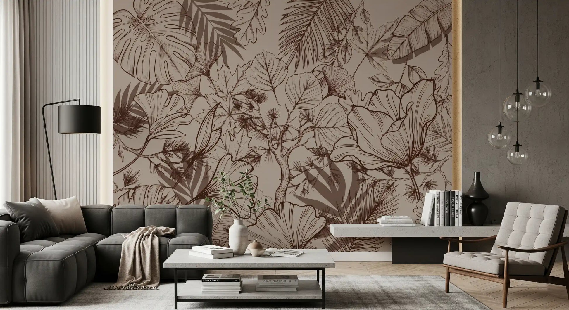 Monochromatic Botanical Line Art Wall Mural