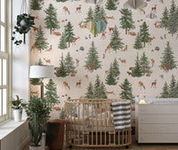 Forest deer and pine tree wallpaper design
