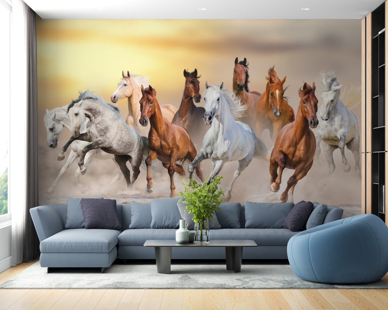 Dynamic mural of 7 fiery running horses
