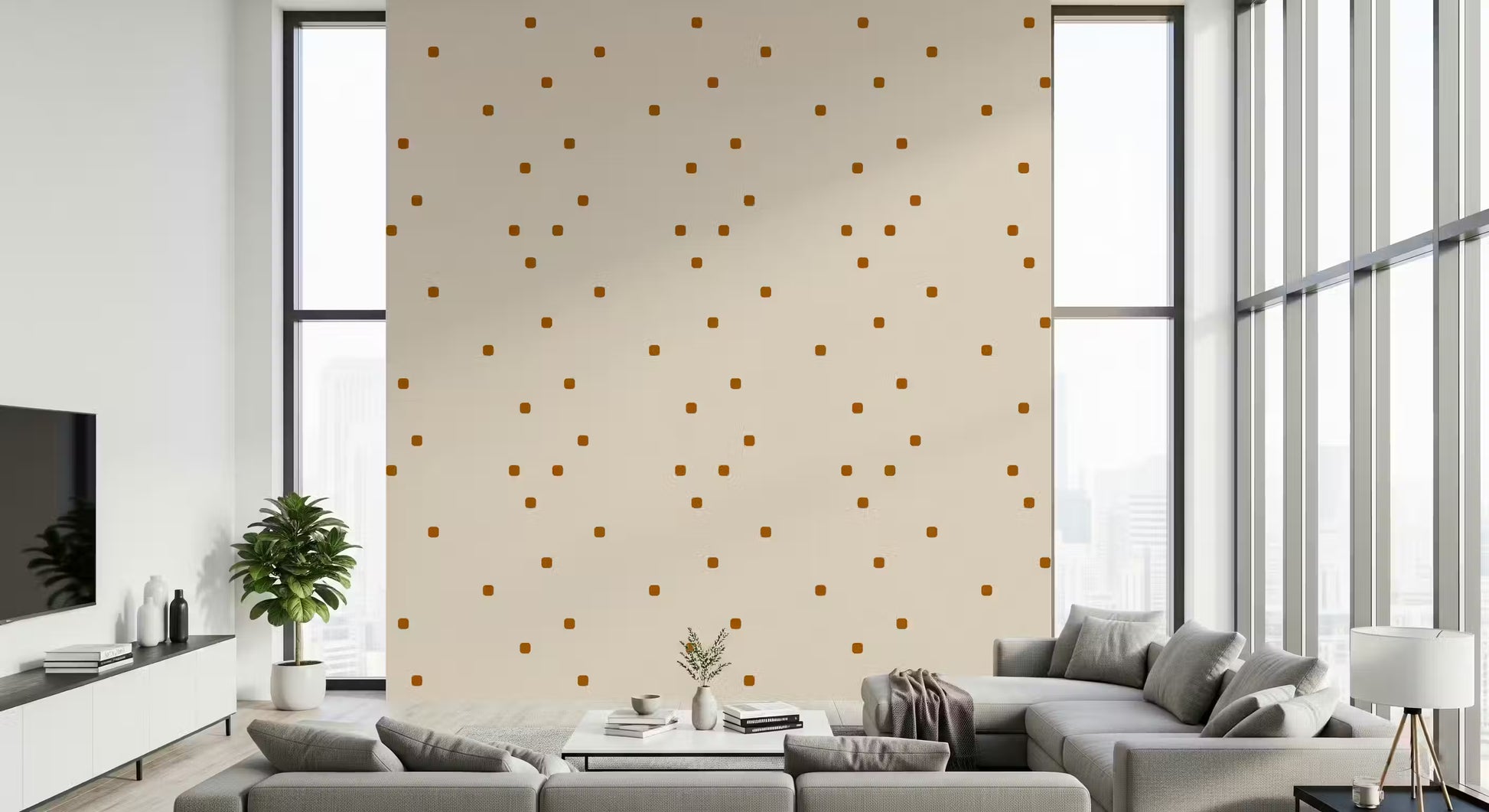 Scattered square dot pattern in caramel brown on a soft beige wallpaper.