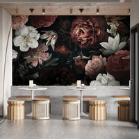 Dark botanical wallpaper with colorful flowers