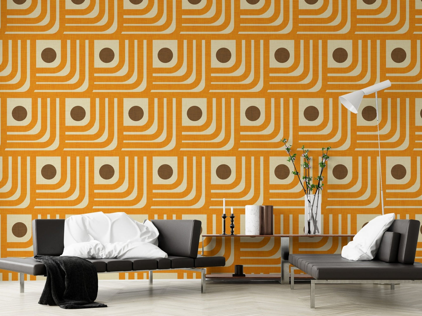 Orange curve and brown dot patterned wall design, SUSCT45