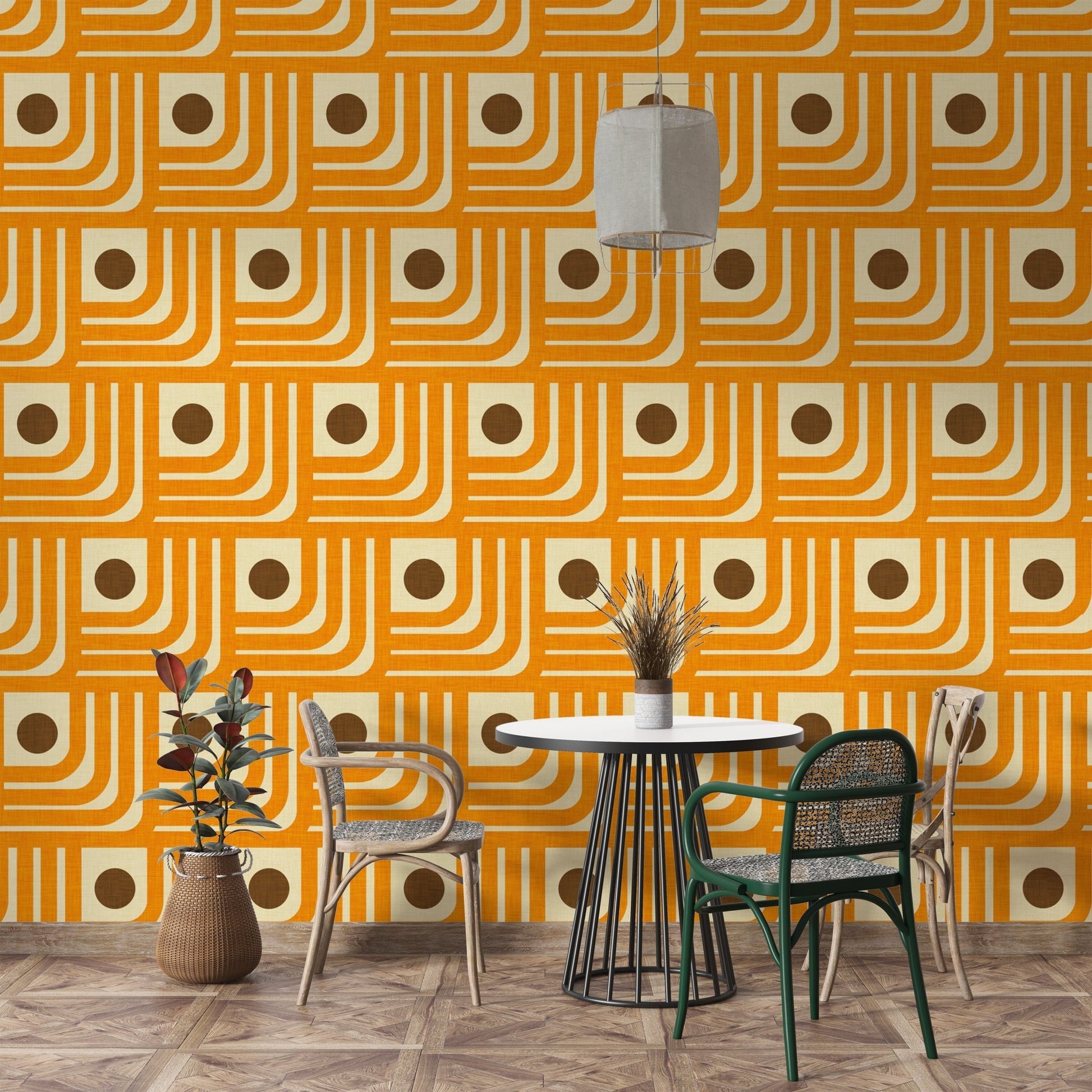 Bold retro wallpaper featuring curved orange lines, SUSCT45